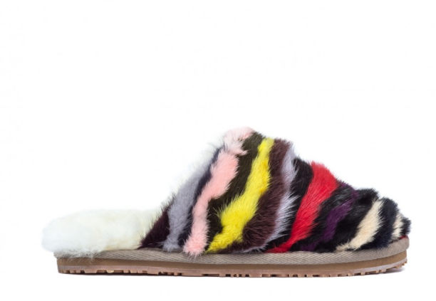 MOU Minky Fur Striped Slippers Brown Multi