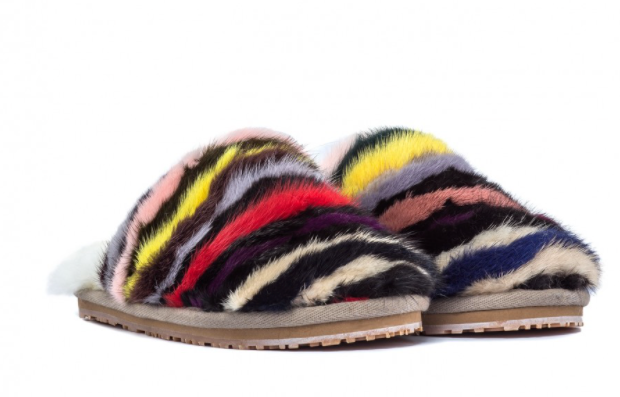 MOU Minky Fur Striped Slippers Brown Multi